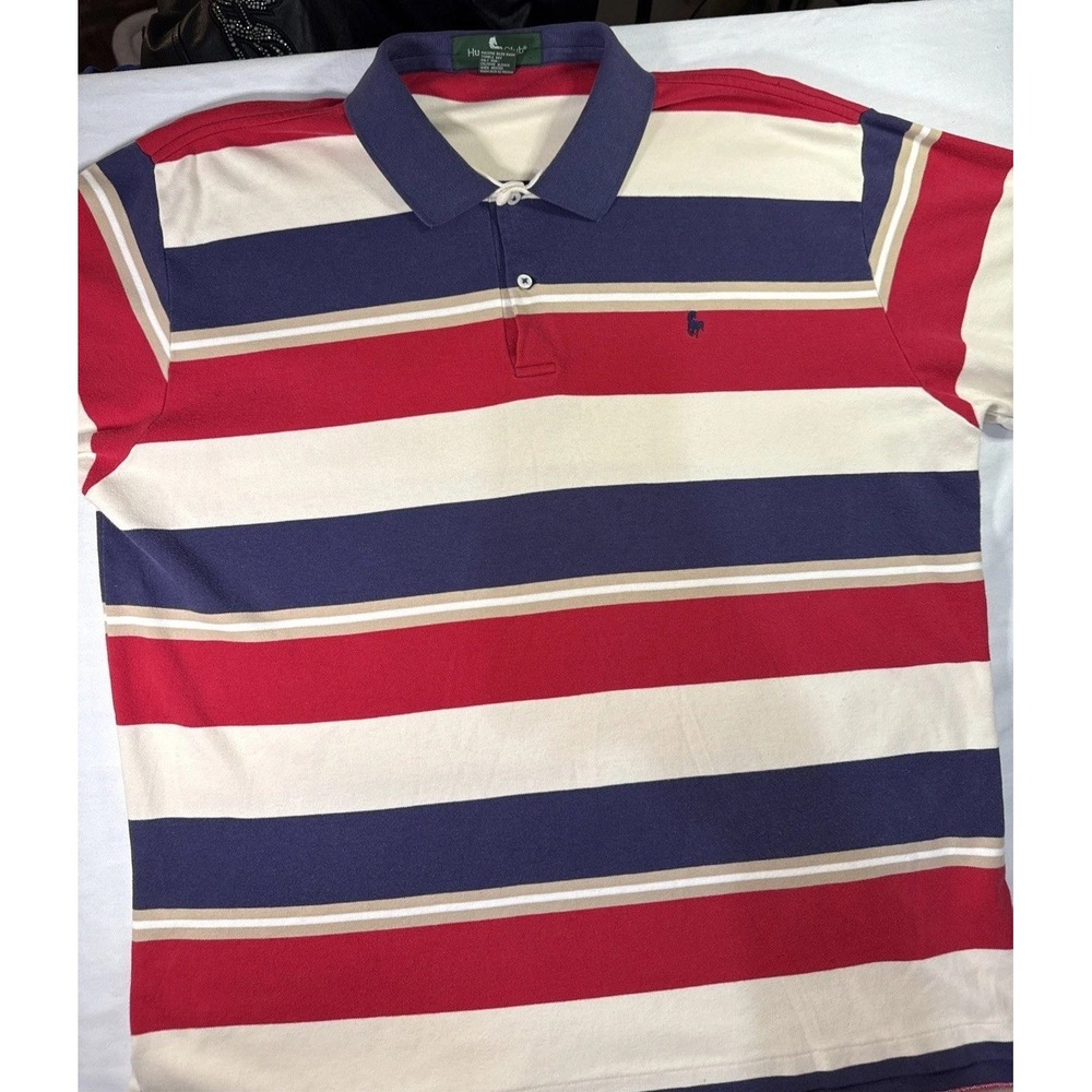 Vintage Y2K Hunt Club Striped Polo Shirt Men's XL Navy Red 100% Cotton Preppy